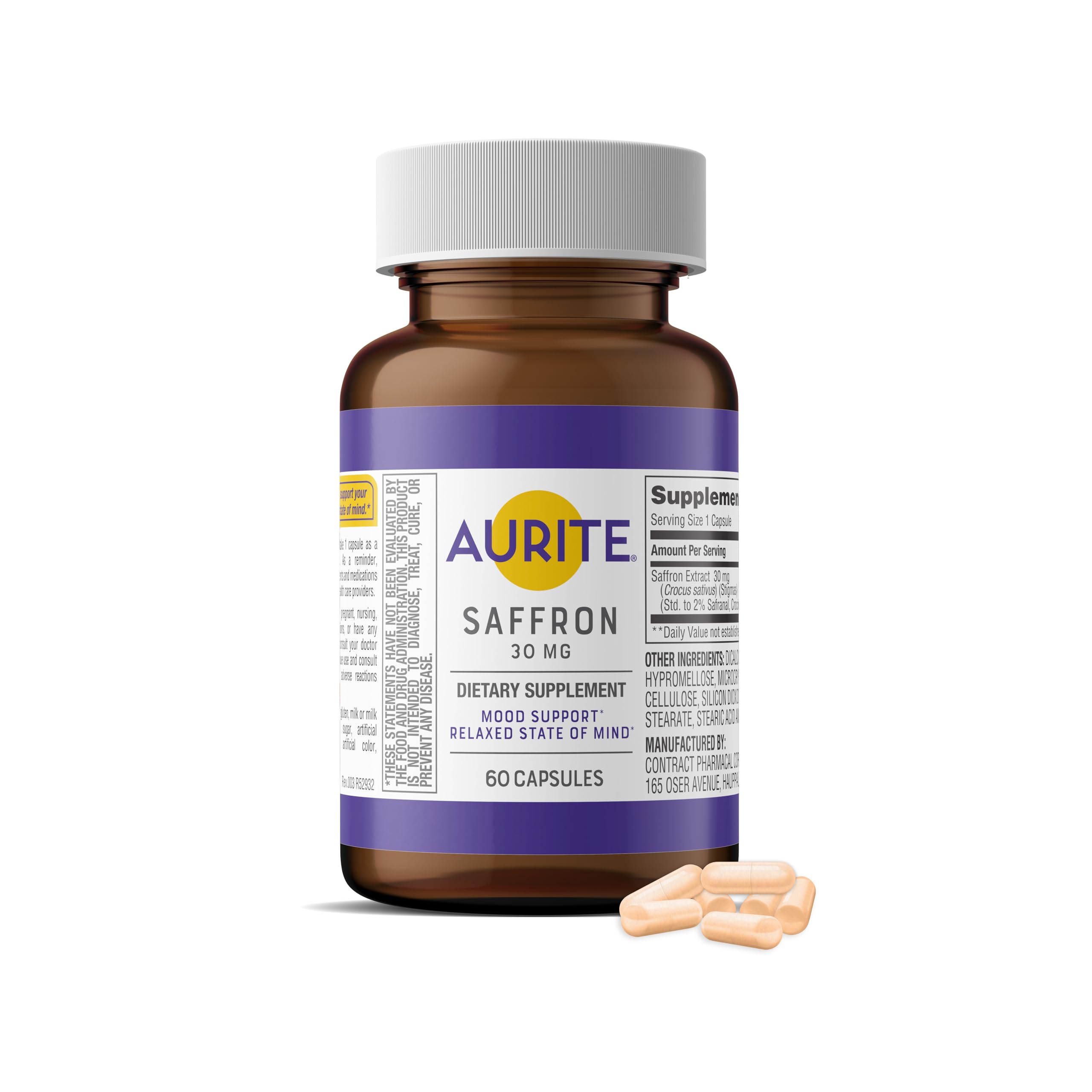 Aurite Saffron supplement bottle supports everyday mood balance.