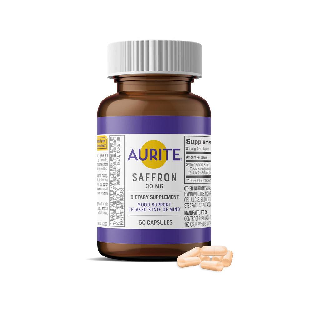 Aurite Saffron supplement bottle supports everyday mood balance.