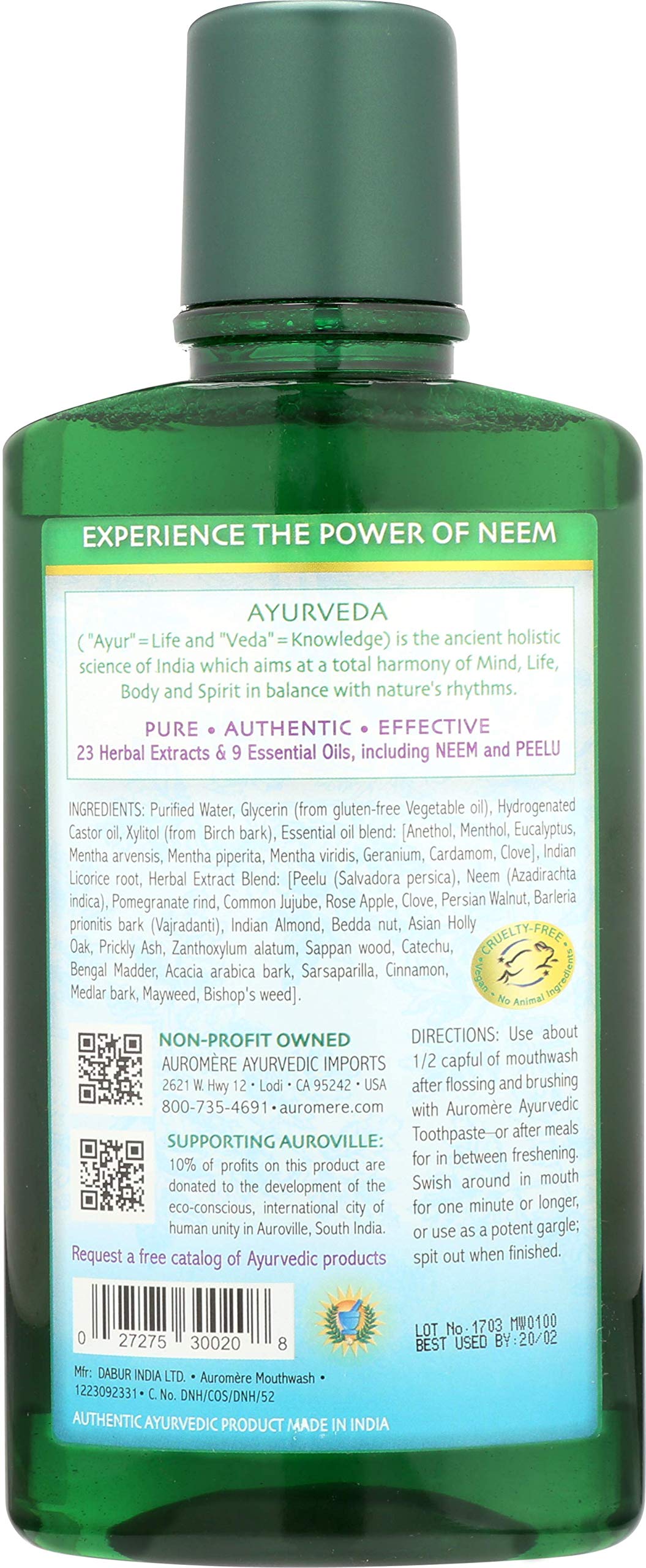 Close-up of Auromere Neem herbal extracts highlighting natural ingredients for oral care