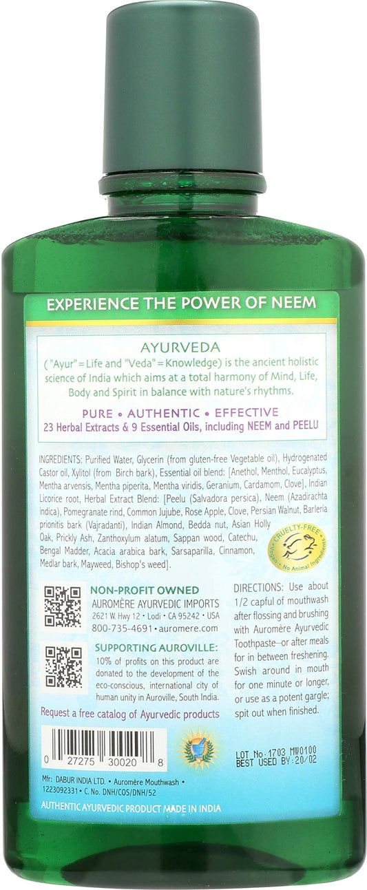 Close-up of Auromere Neem herbal extracts highlighting natural ingredients for oral care