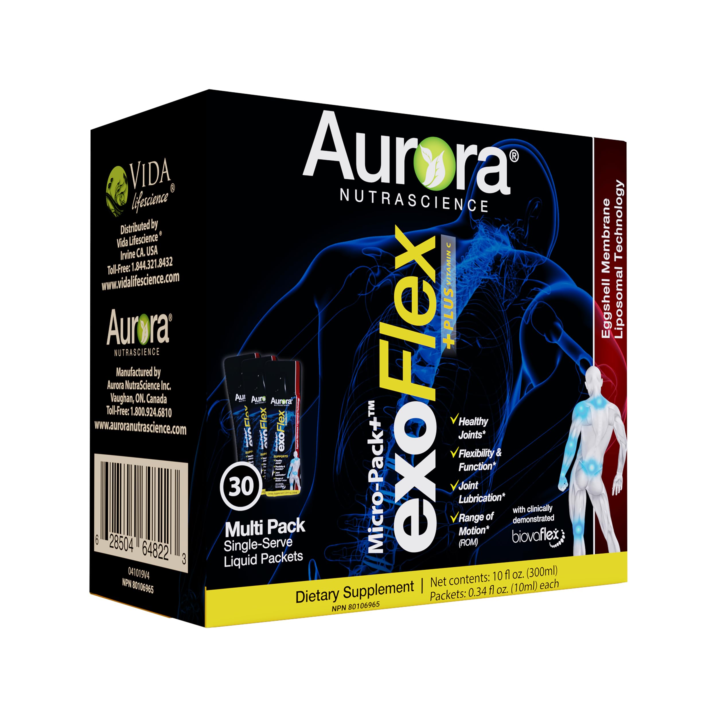 Aurora Nutrascience exoFlex+ bottle showcasing liquid liposomal joint support on the go