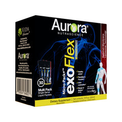 Aurora Nutrascience exoFlex+ bottle showcasing liquid liposomal joint support on the go
