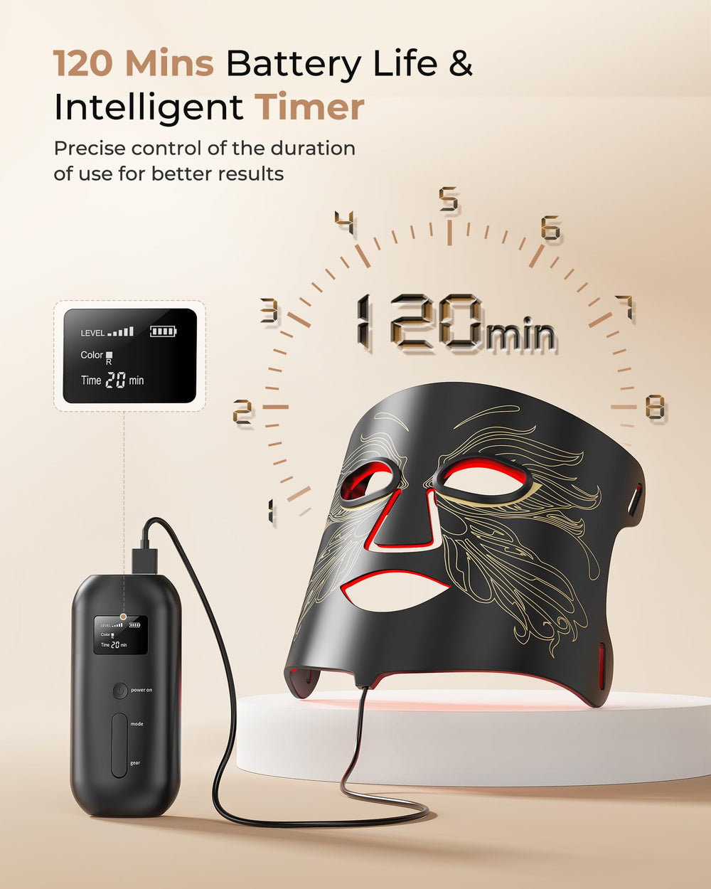 Aurphany LED mask with 1500mAh battery for portable use.