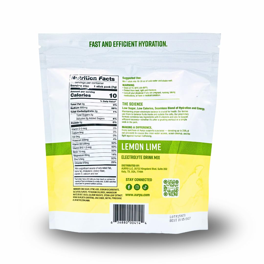 Auryu Electrolyte Mix drink lemon lime in a glass ready to sip