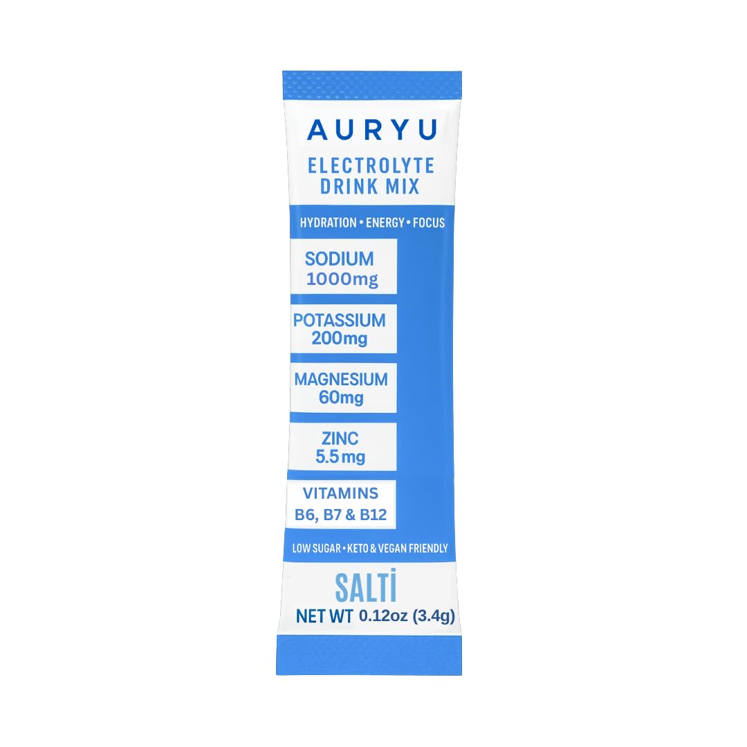 Auryu Electrolyte Mix ingredients panel highlights salts, minerals, and B vitamins for balanced recovery.