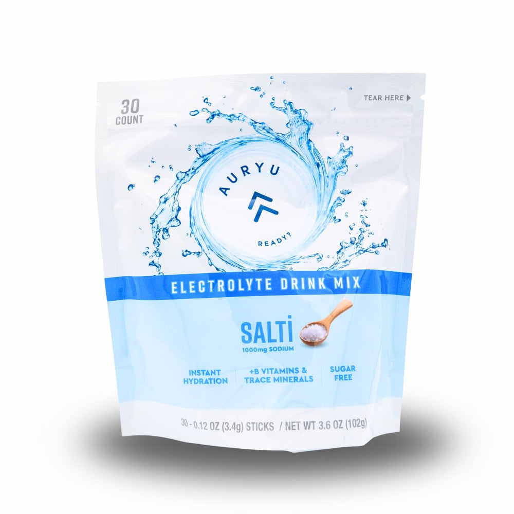 Auryu Electrolyte Mix tub front shows packaging for quick, sugar-free hydration during workouts.