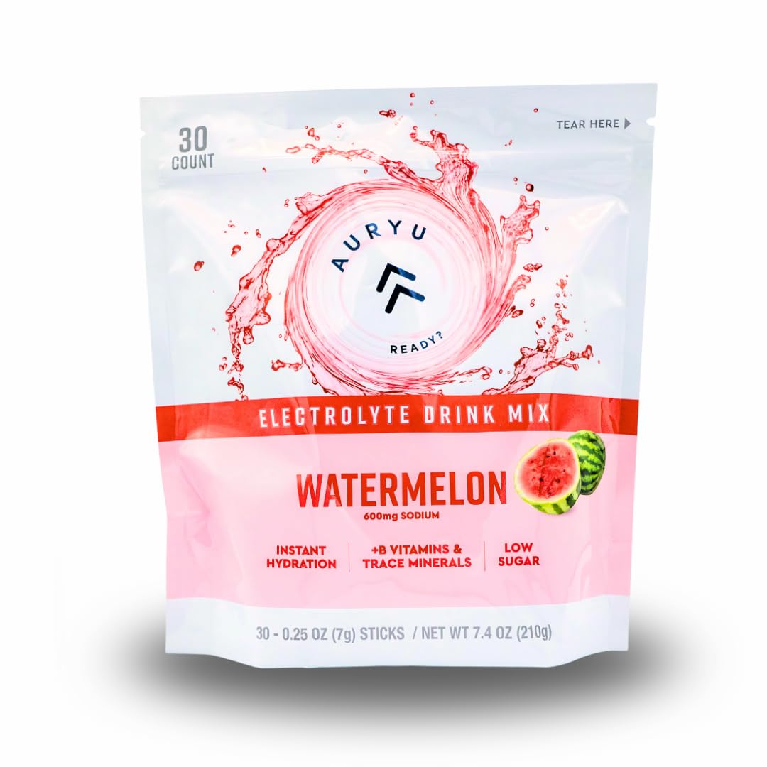Auryu Electrolyte Mix Watermelon powder ready to dissolve for fast hydration.