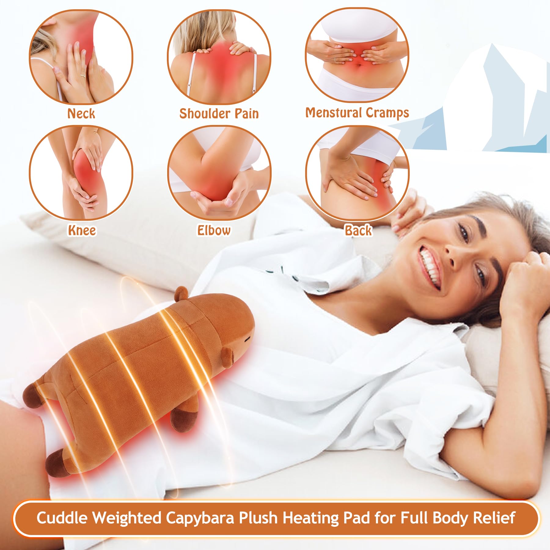 Auspicious Beginning Capybara heating pad side view highlights its flat, flexible design for versatile use.
