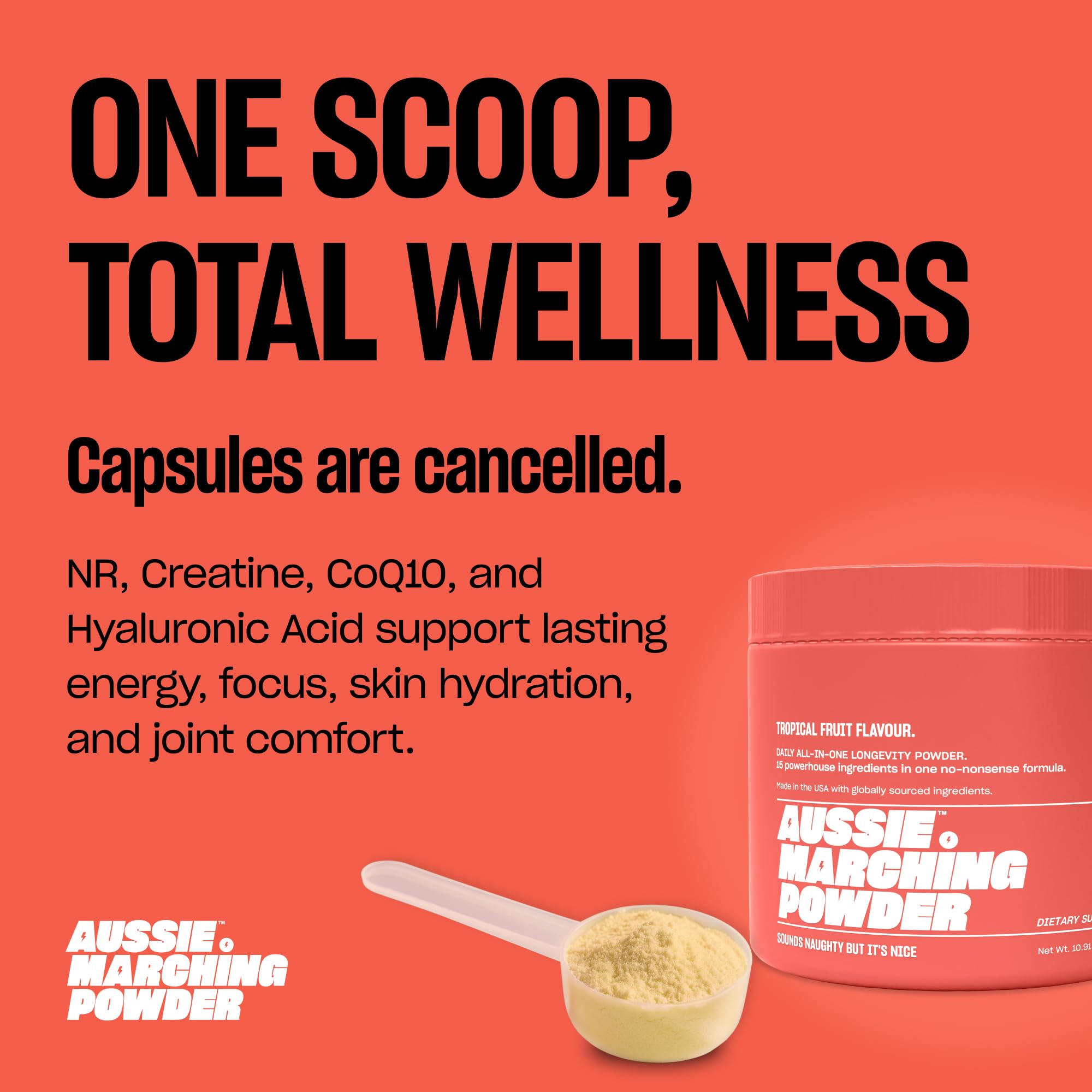 Aussie Marching Powder tropical flavor dissolving smoothly in liquid for quick mixing.