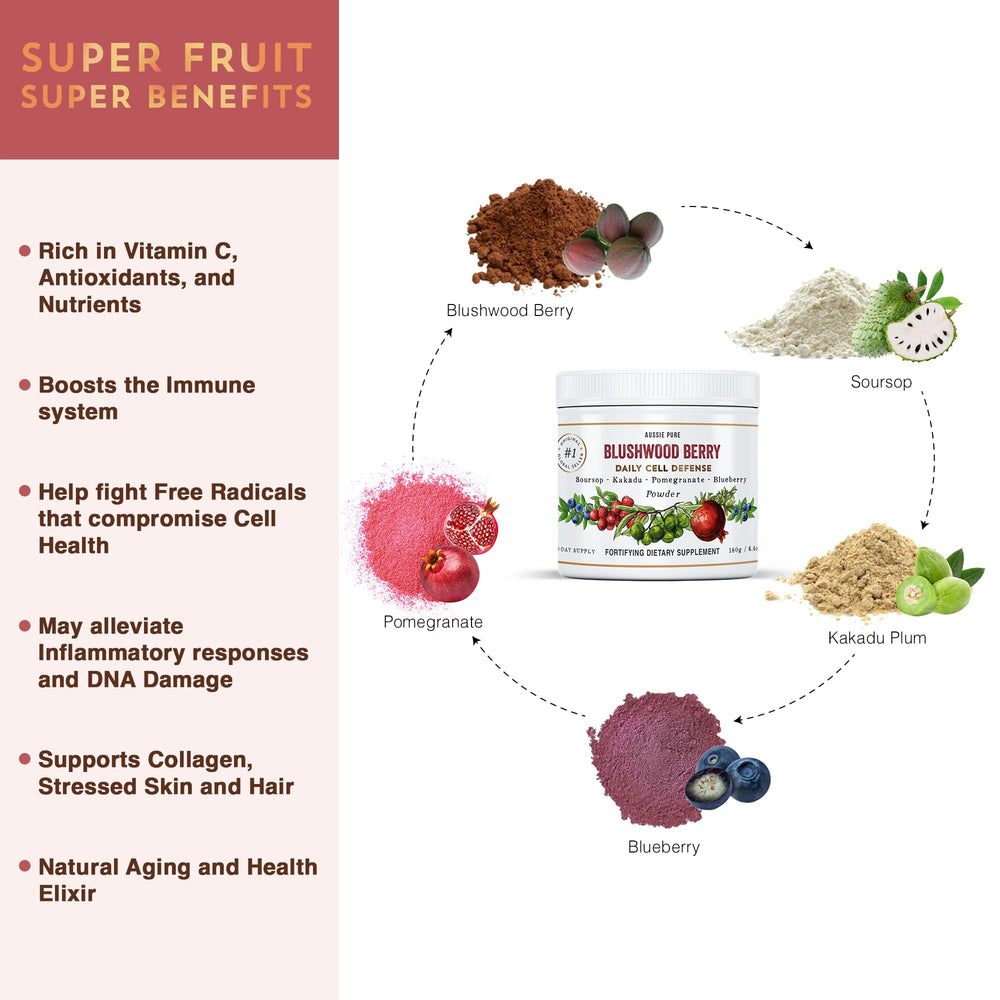 Aussie Pure Blushwood Berry ingredients chart spotlights Kakadu Plum and Soursop.