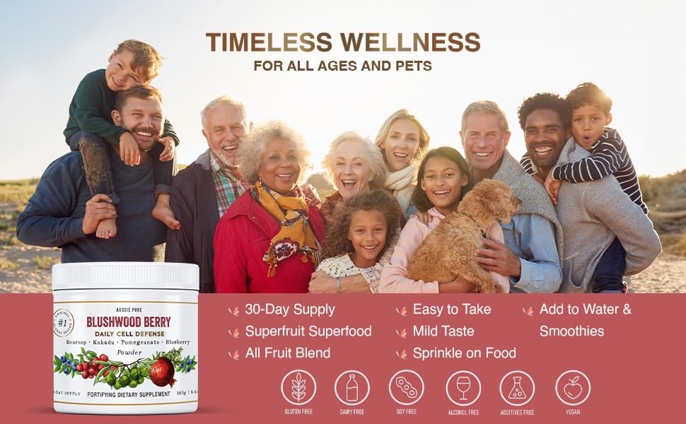 Aussie Pure Blushwood Berry packaging signals vegan, allergen-free formula.