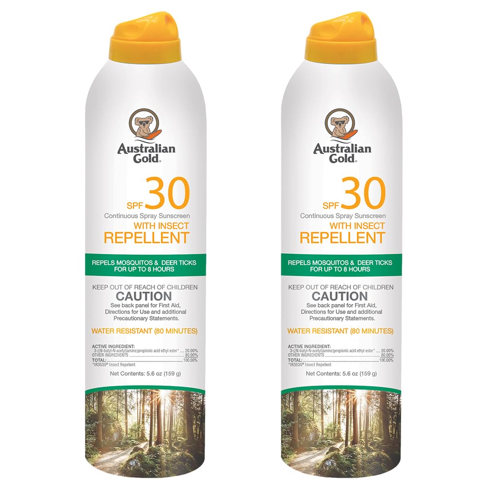 Australian Gold SPF30 continuous spray bottle ready for sun and insect protection.