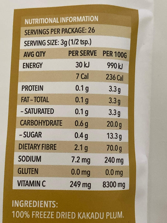 The Australian Superfood Company Kakadu Plum powder packaging close-up shows premium quality and vitamin C.