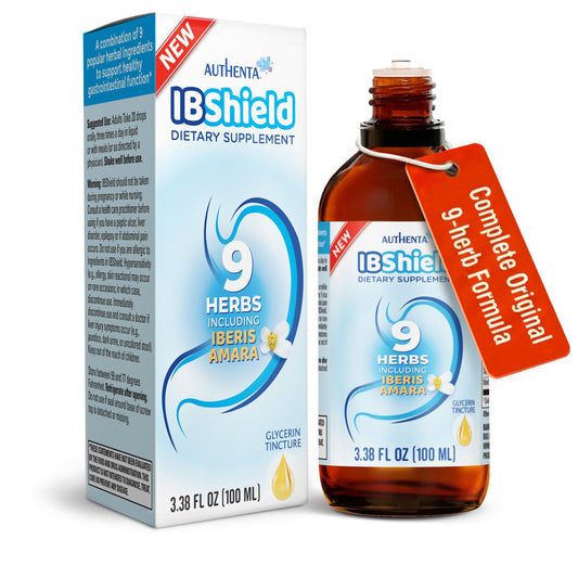 AUTHENTA IBShield bottle front view highlighting digest-friendly herbal blend