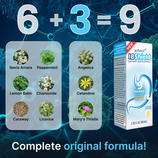 AUTHENTA IBShield bottle side label showing nine-herb formula for digestive comfort