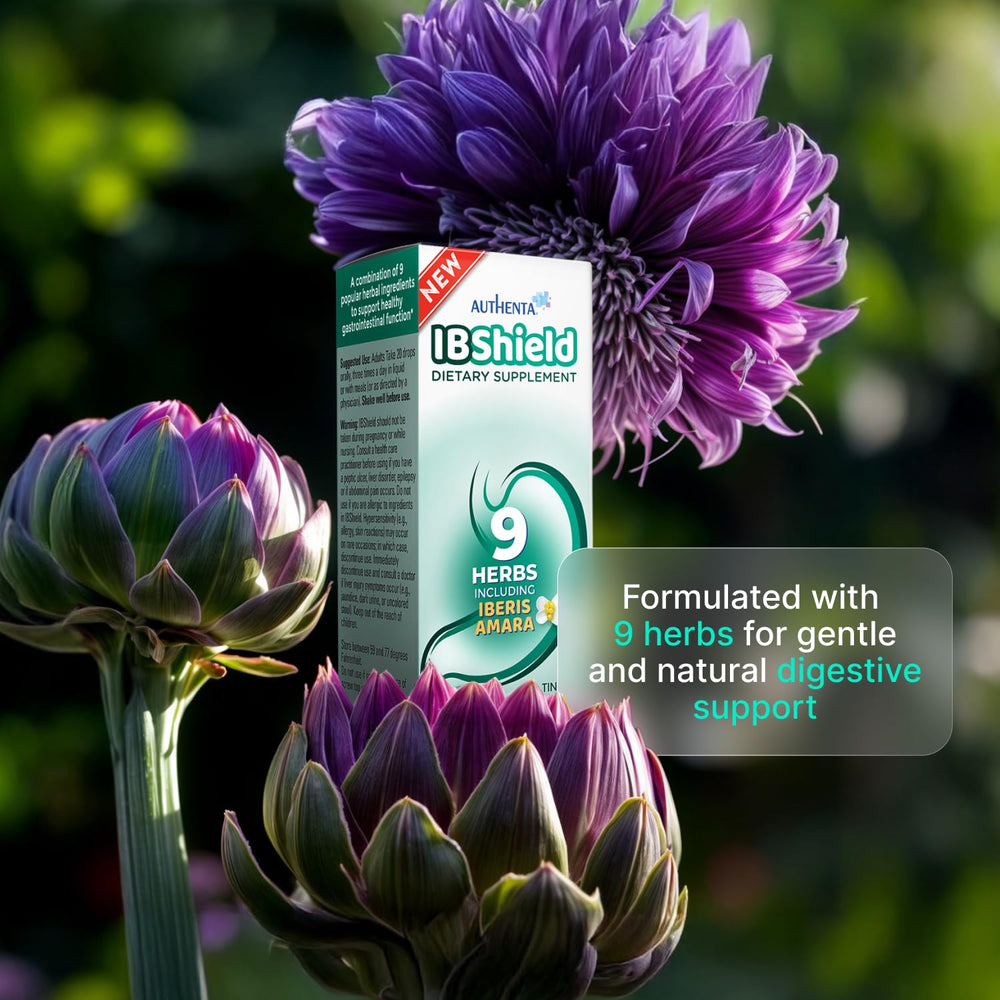 AUTHENTA IBShield tincture drops added to glass for balance.