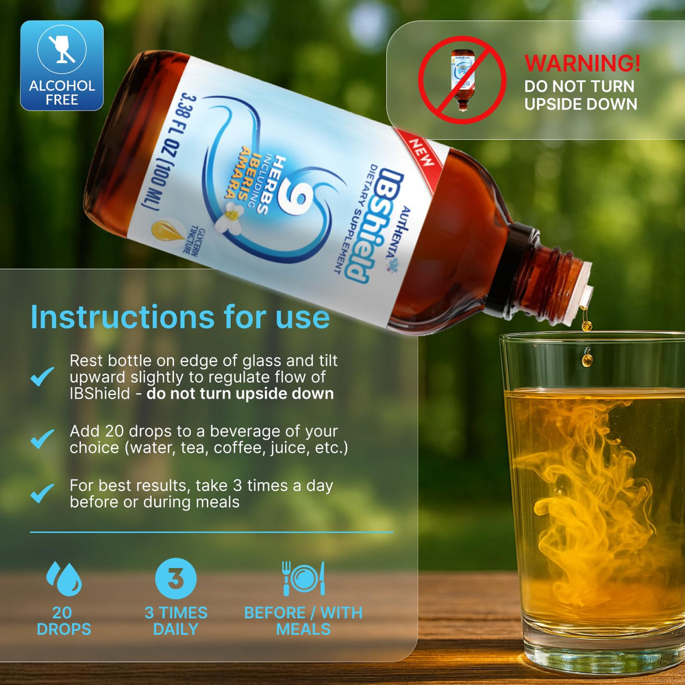 AUTHENTA IBShield label closeup highlights Iberis Amara and peppermint among nine herbs