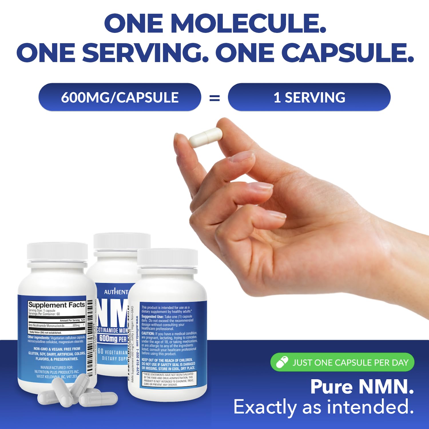 Close-up of AUTHENTA NMN capsules highlighting high-purity 600 mg serving.