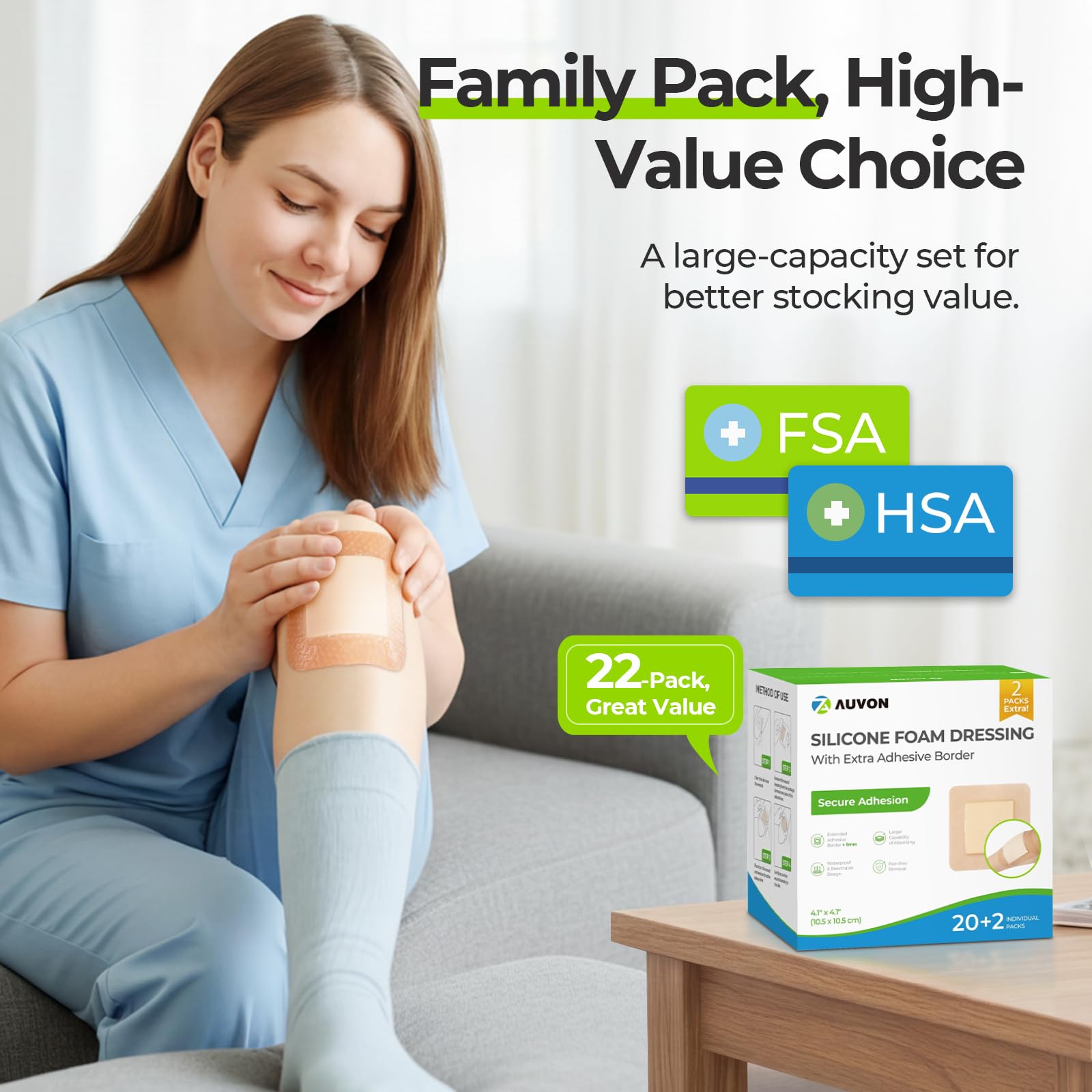 AUVON 2mm thick high-absorbency layer helps manage wound exudate.