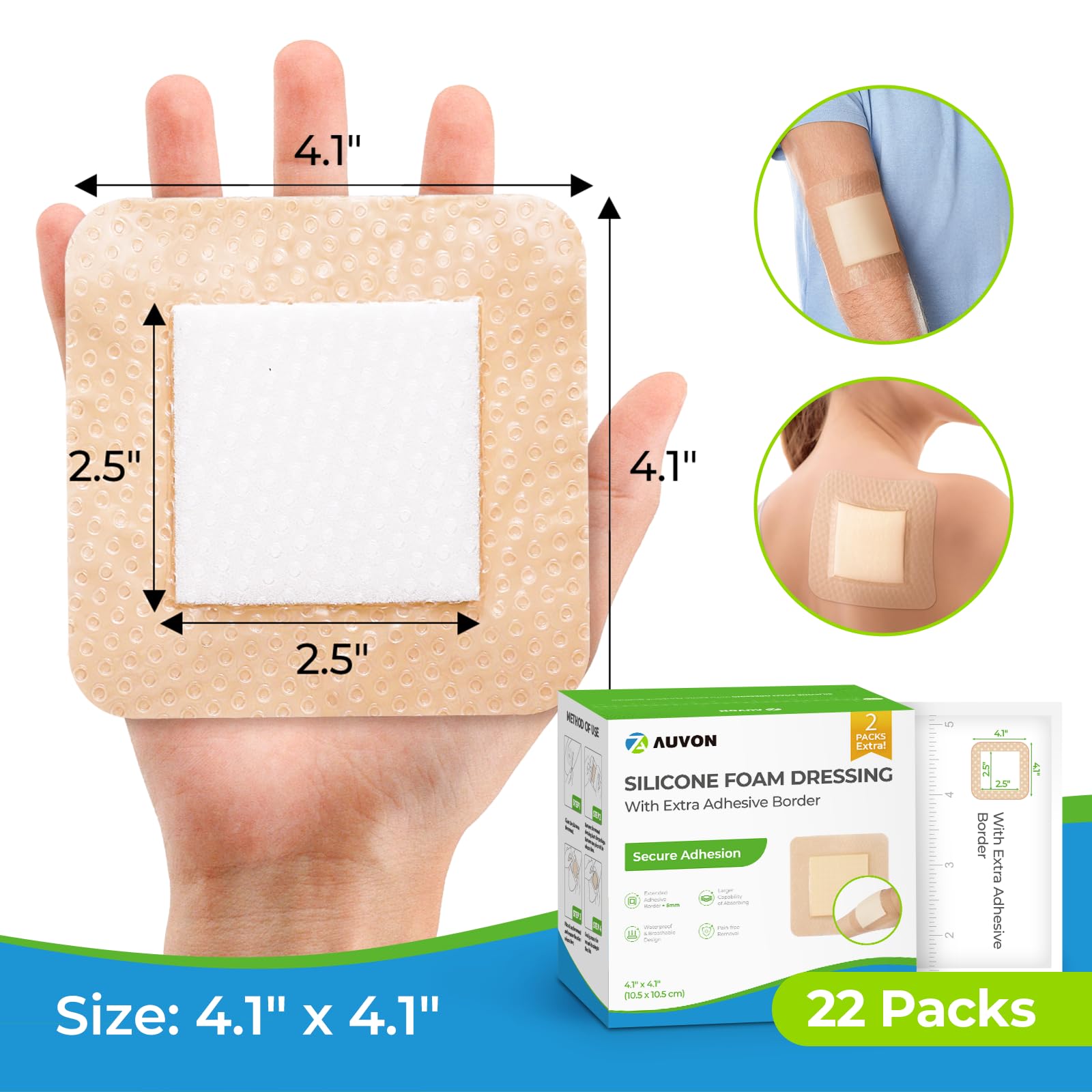 AUVON foam dressing supports exudate management with a large 4x4 inner pad.