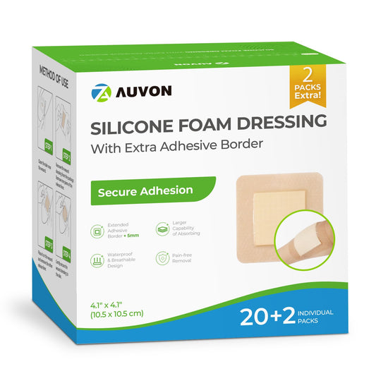 AUVON silicone foam dressing with large border (4x4) for secure adhesion and painless removal.