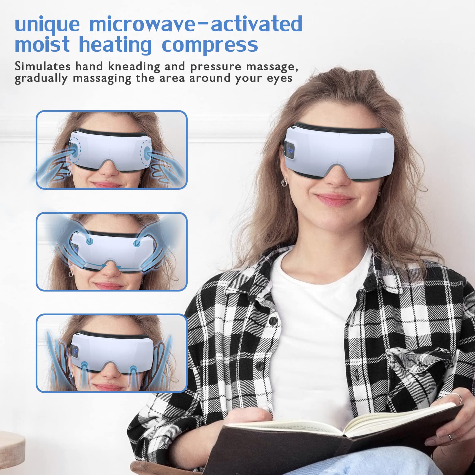 Auxoliev eye massager built-in speakers enhance relaxation during a quiet break.
