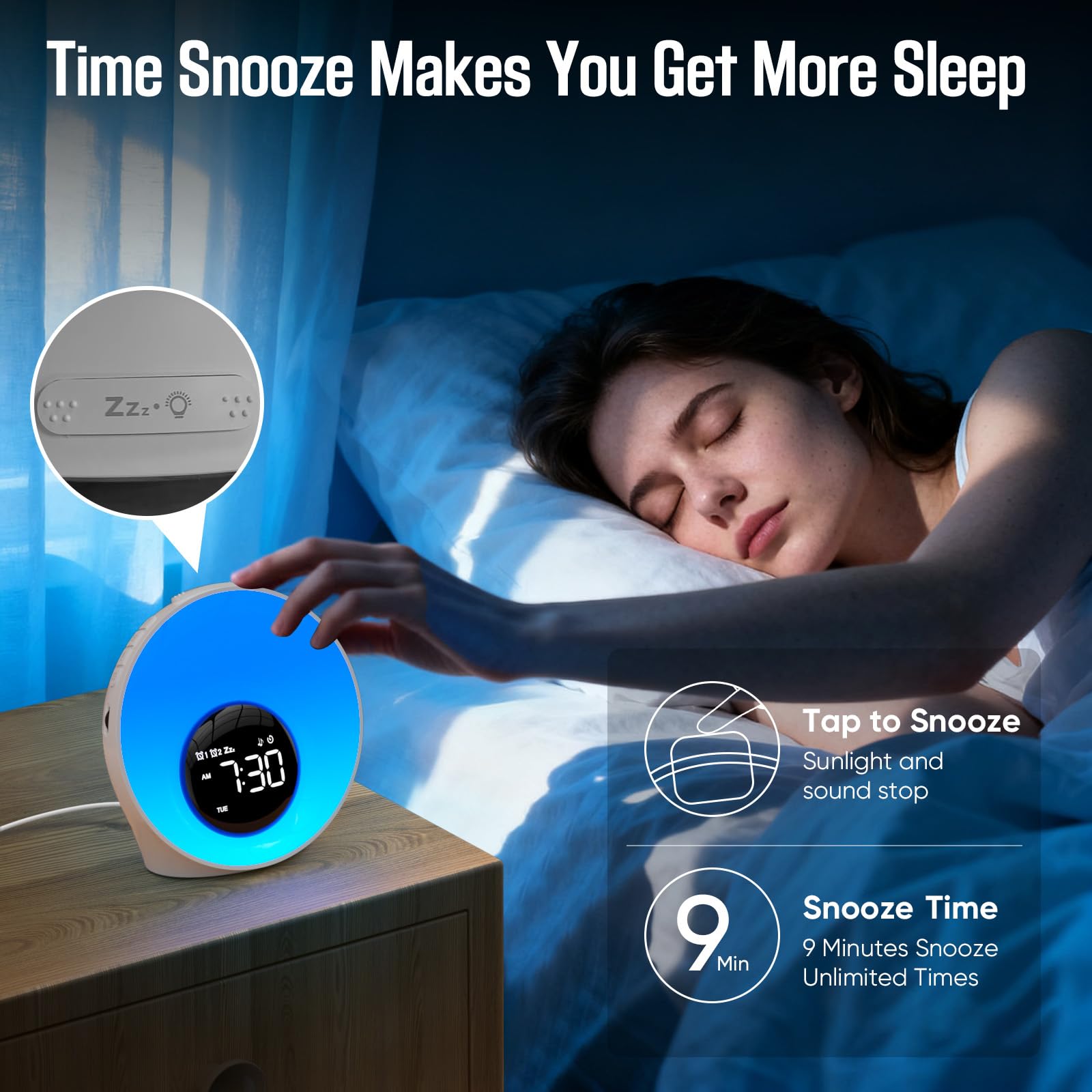 AUYLE Wake Up Light dual alarms for weekday and weekend routines.