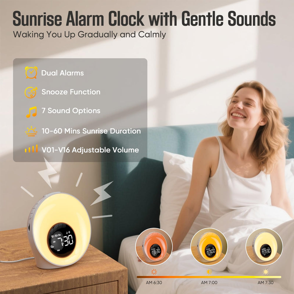 AUYLE Wake Up Light soothing sounds with 30 options for relaxation.
