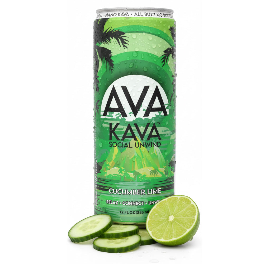 AVA KAVA cucumber lime can, a refreshing alcohol-free relaxation option for social moments.