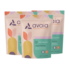Avaia precision-fermented protein powder bottle highlights complete amino acids for daily vegan nutrition.