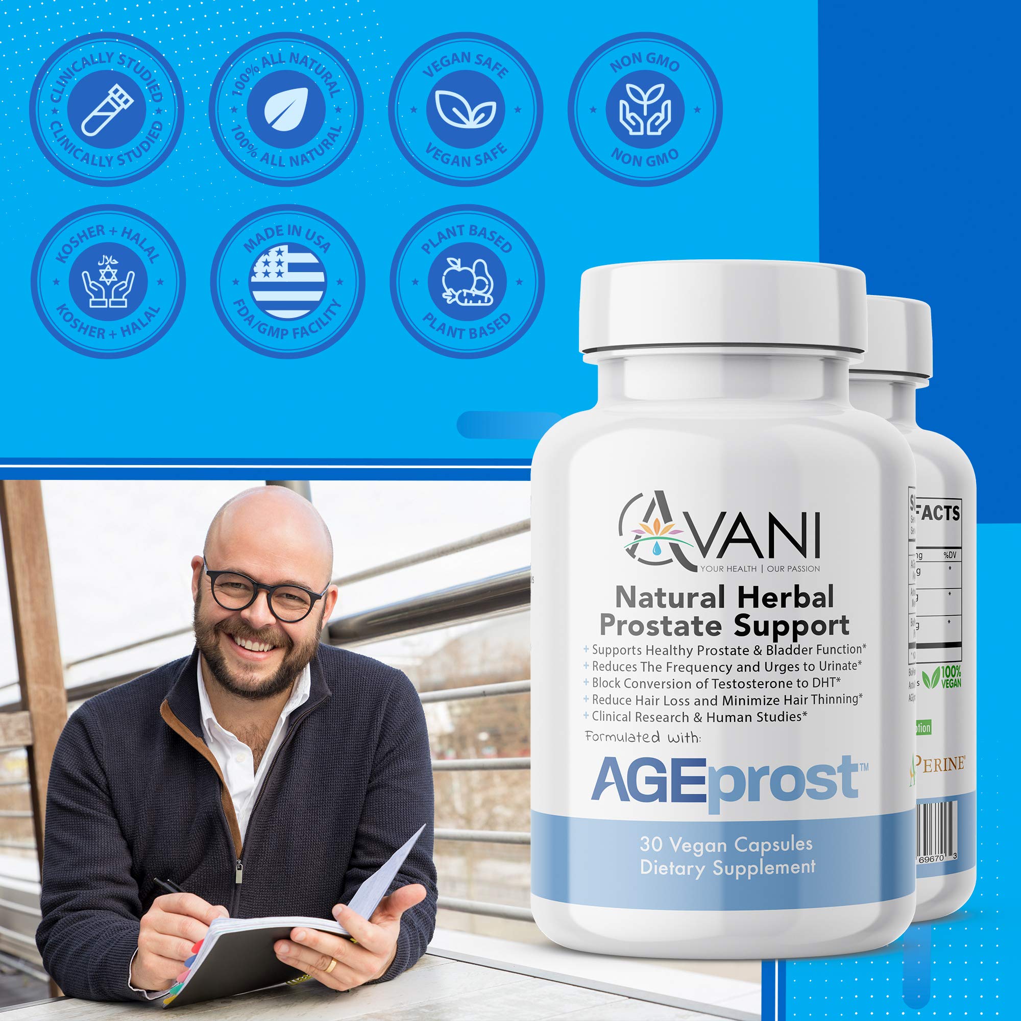 Avani Health DHT Blocker capsules shown for potential hormonal balance support.
