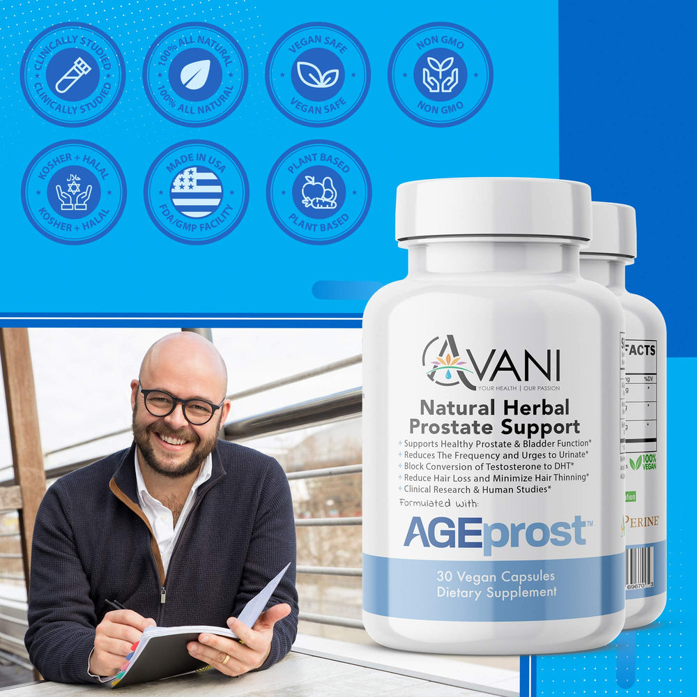 Avani Health DHT Blocker capsules shown for potential hormonal balance support.