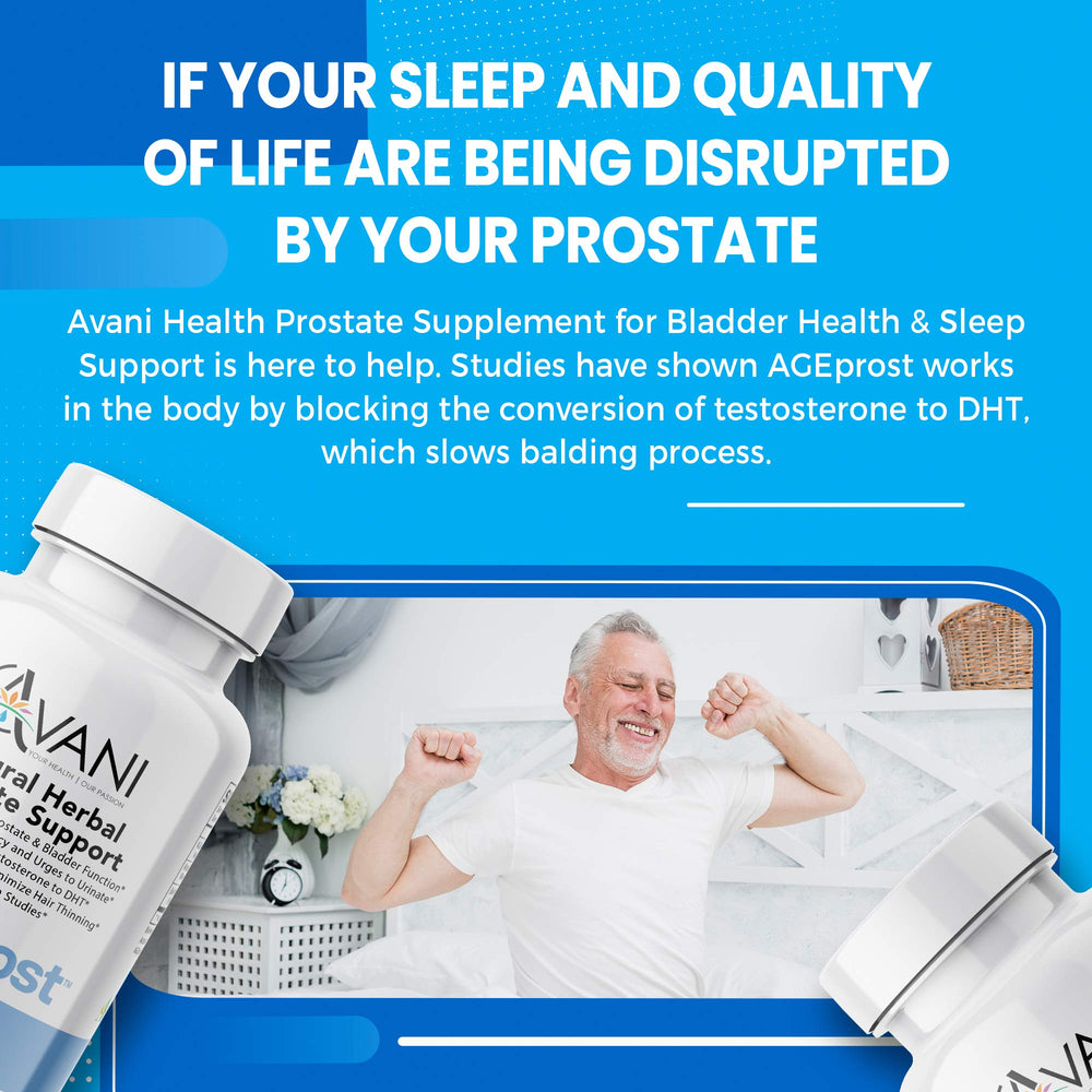 Avani Health Gluten-free Prostate Support bottle emphasizing dietary-friendly option.