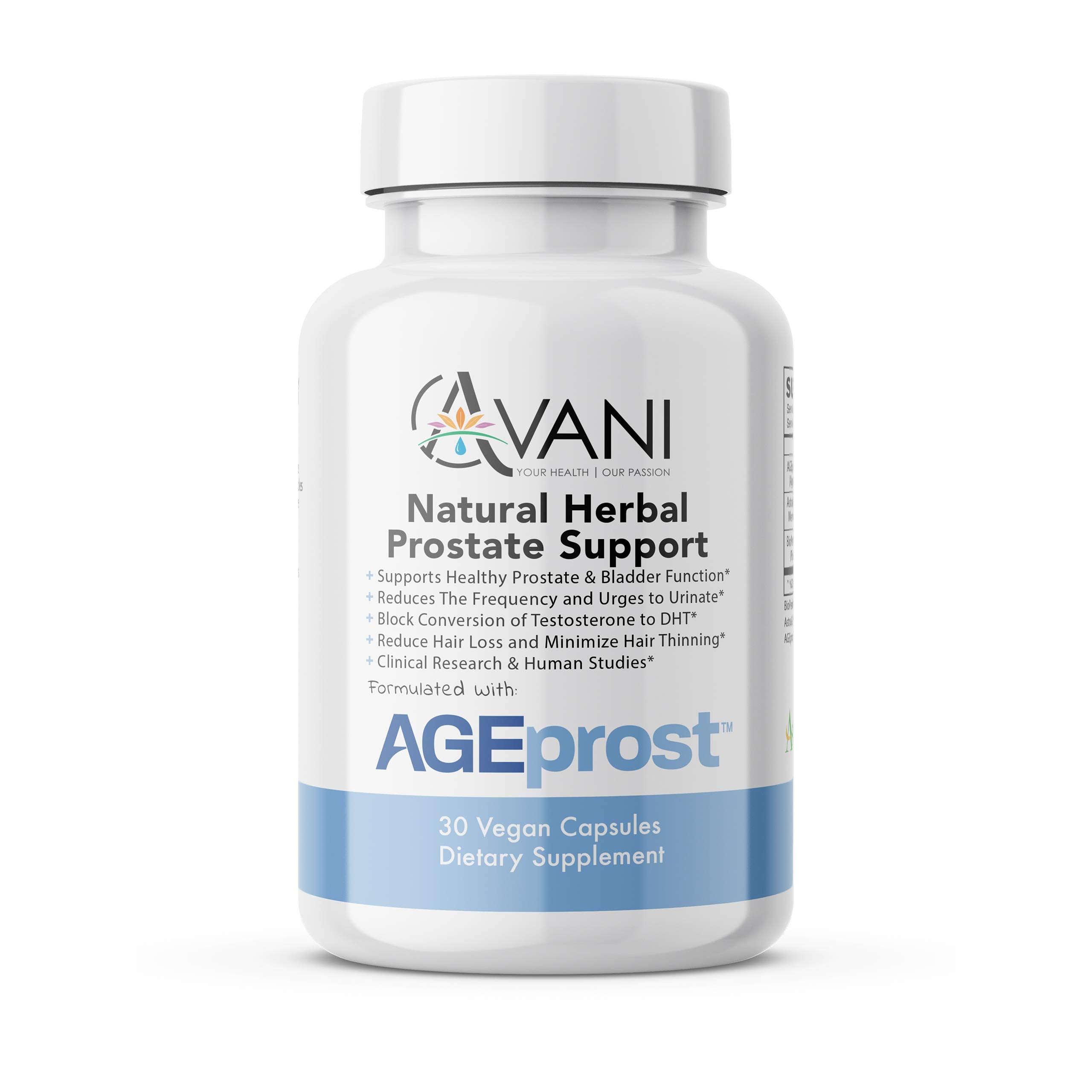 Avani Health Prostate Support bottle for daily urinary comfort and general health.