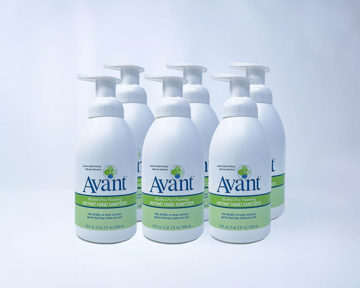 Avant alcohol-free foaming sanitizer bottle provides quick foam coverage for clean hands.