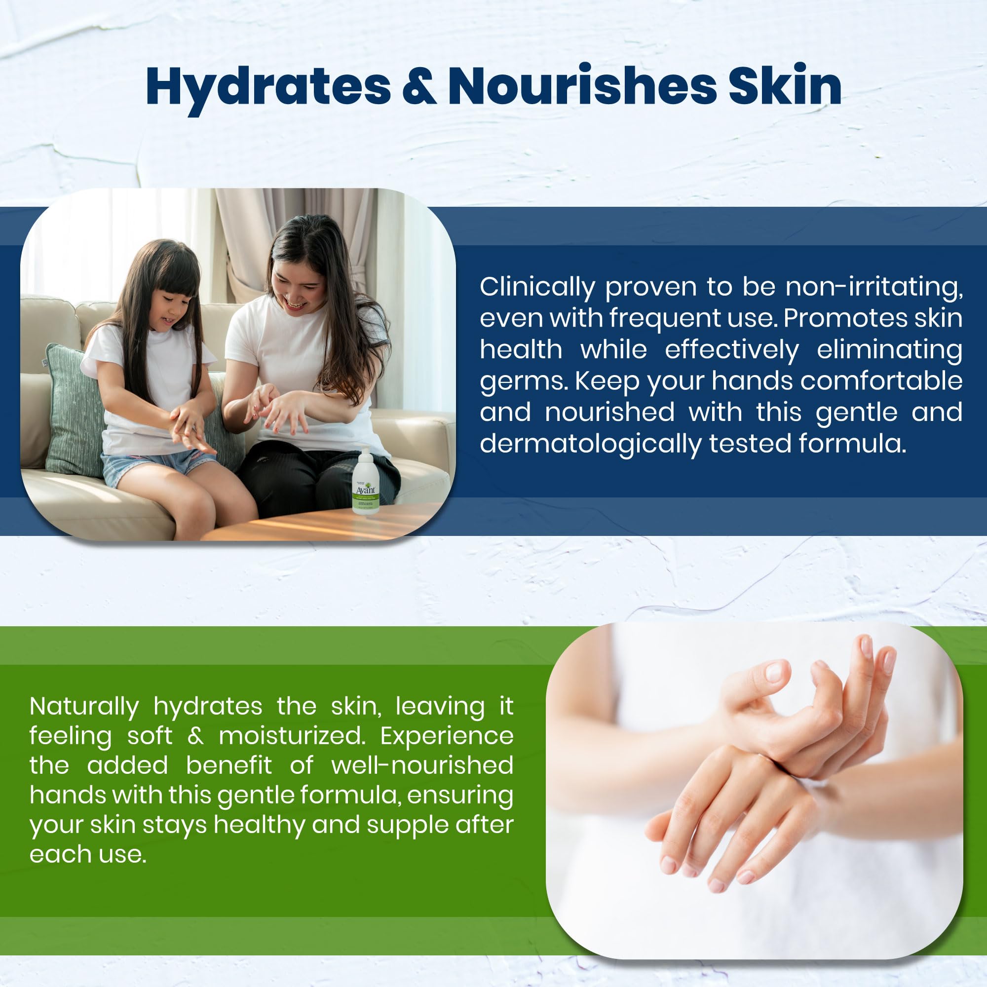 Avant hydration formula keeps skin comfortable with a non-irritating feel.