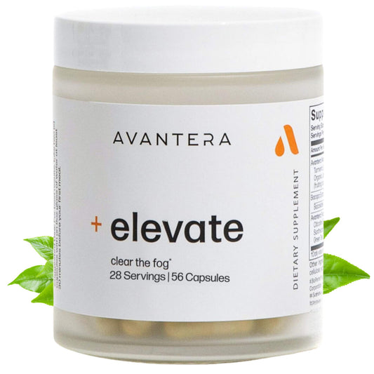 Avantera Elevate bottle front view highlighting vegan nootropic formula for focus.