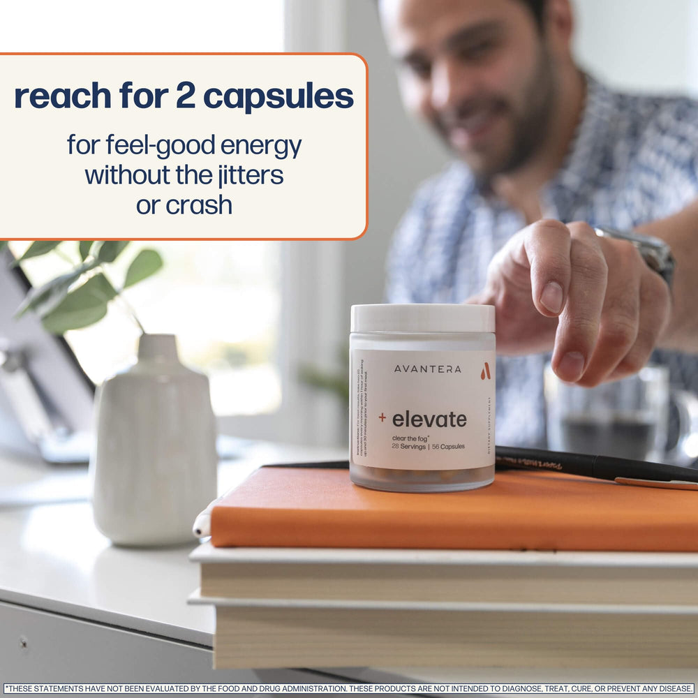 Avantera Elevate ingredients bottle illustrates nine clinically studied components.