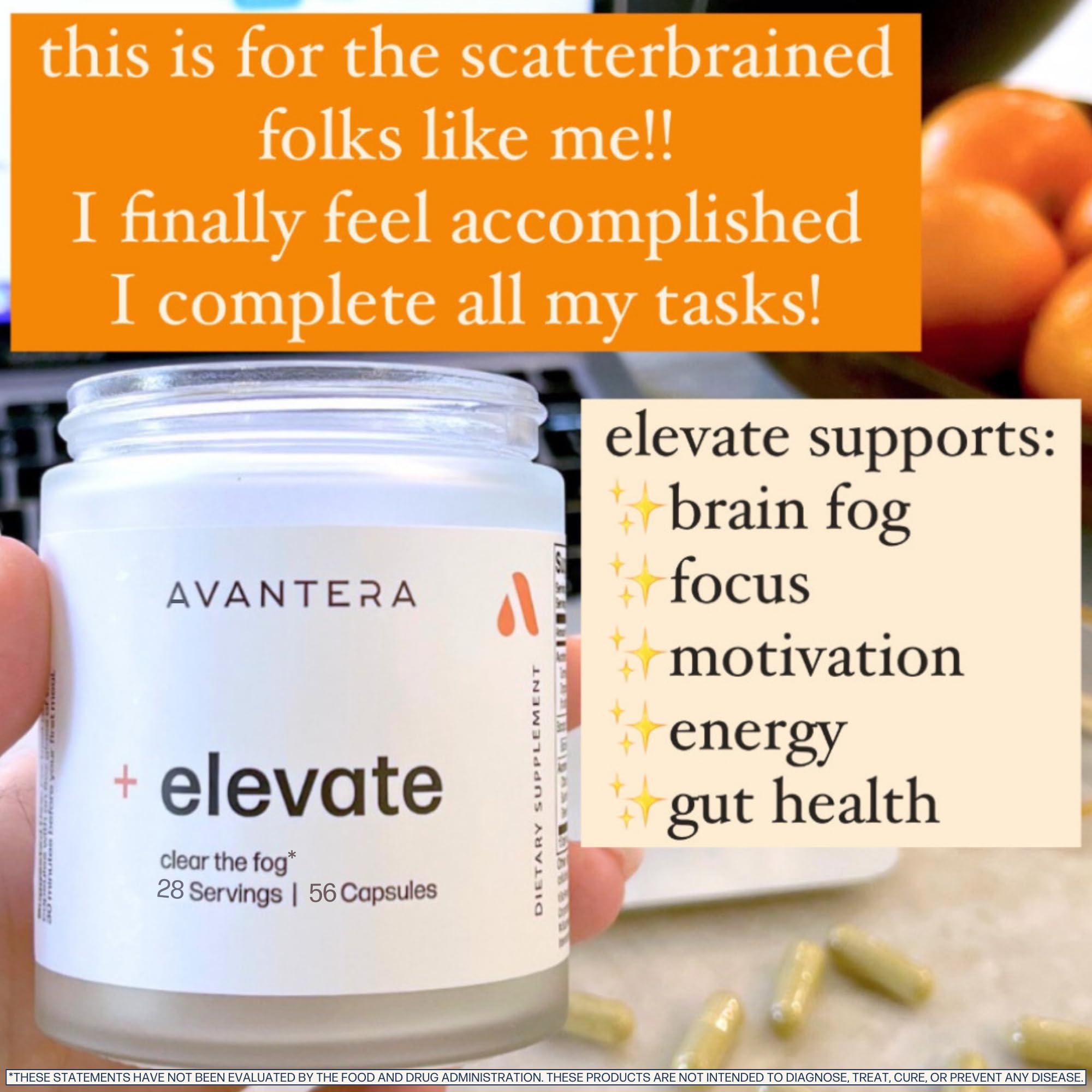 Avantera Elevate bottle on workspace promotes steady energy without crash.