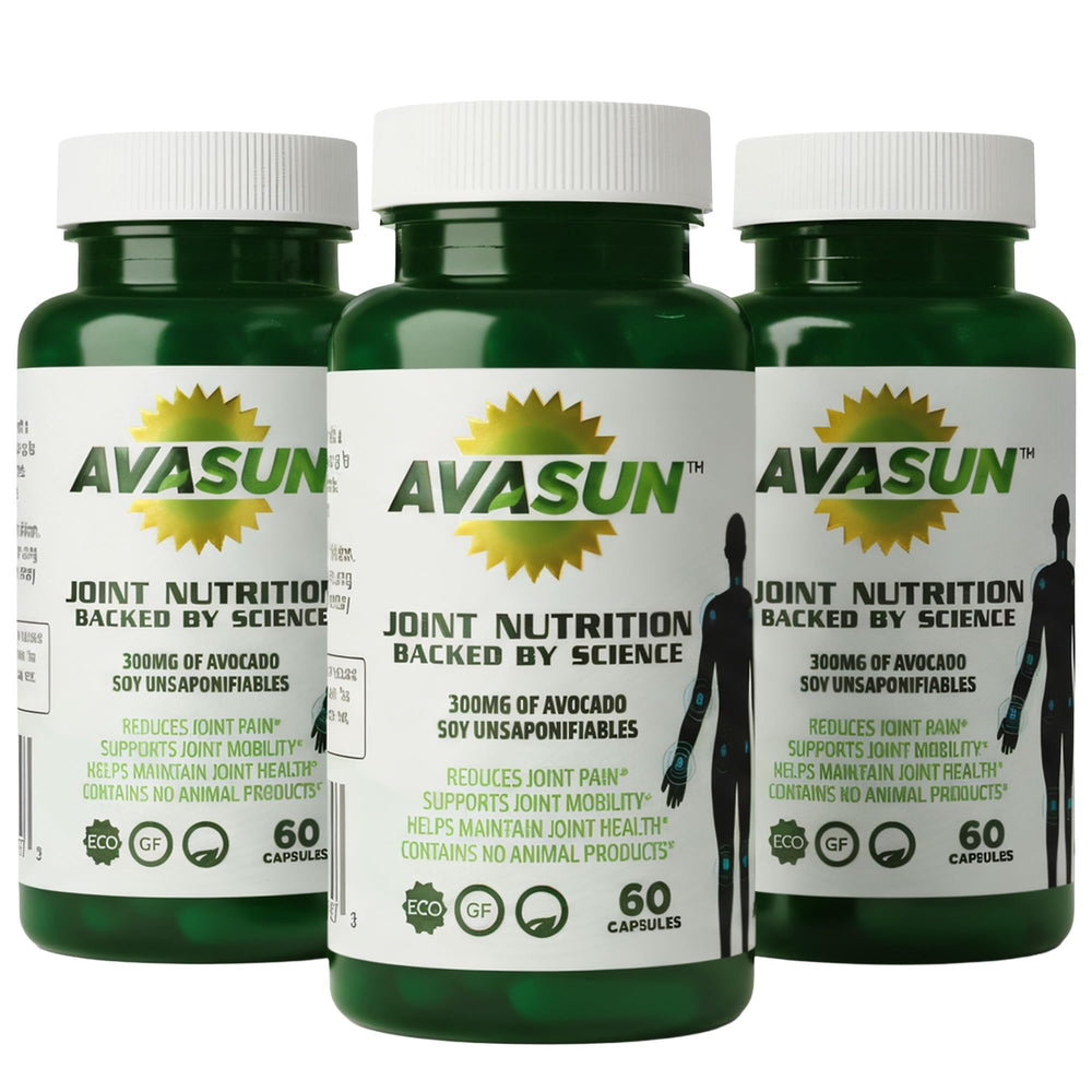 AvaSun ASU bottle label close-up highlighting joint support benefits.