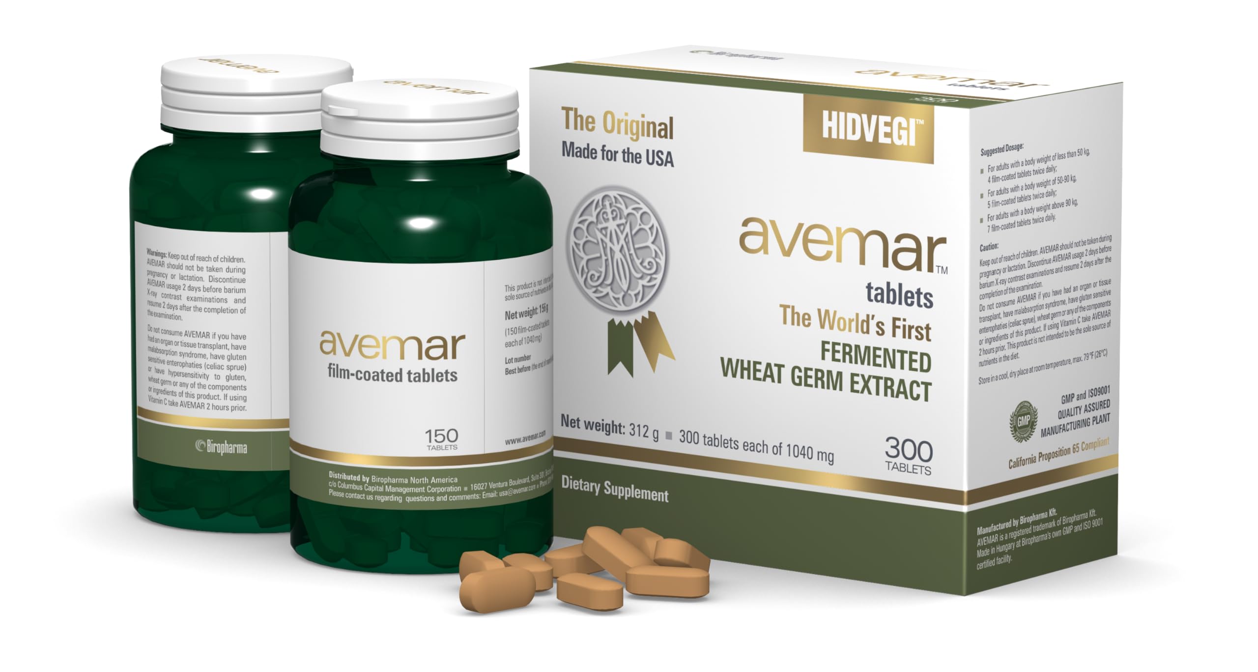 Avemar bottle front label shows fermented wheat germ tablets for daily vitality.
