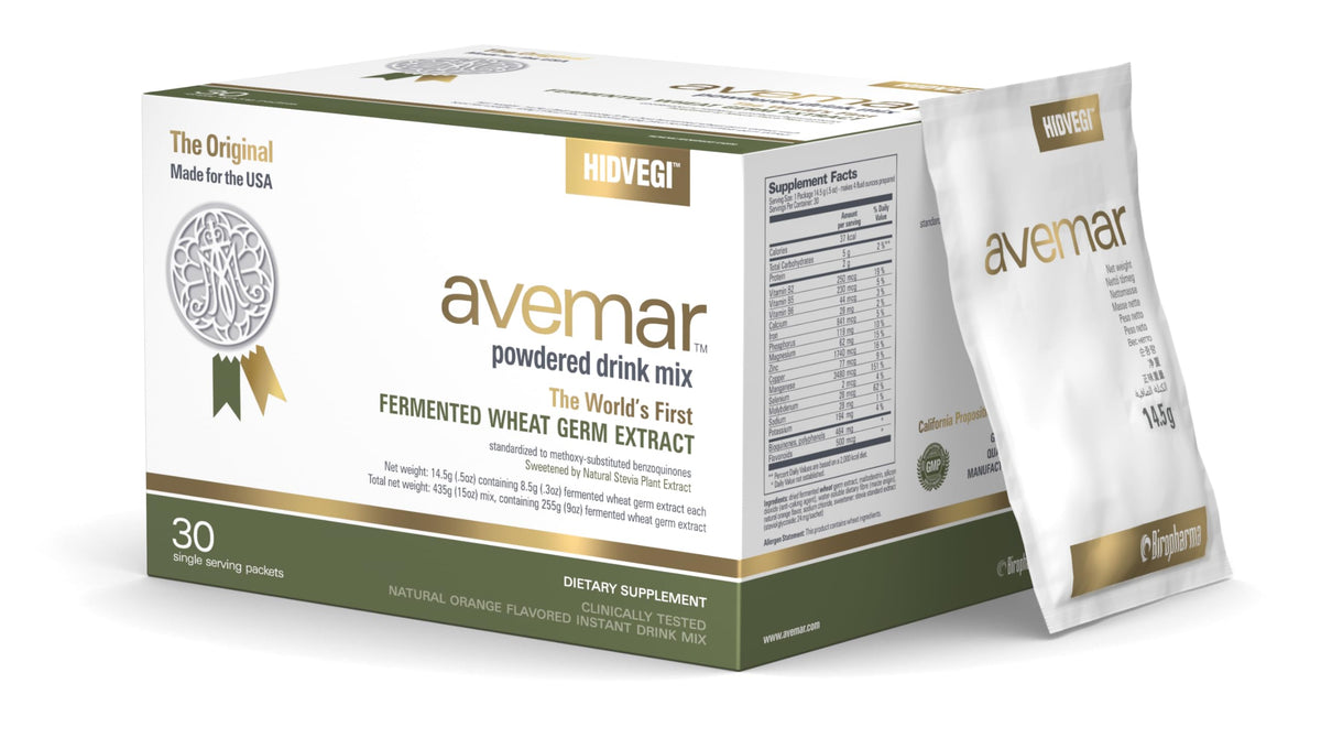 Avemar bottle pour shows fermented wheat germ extract for easy daily use.