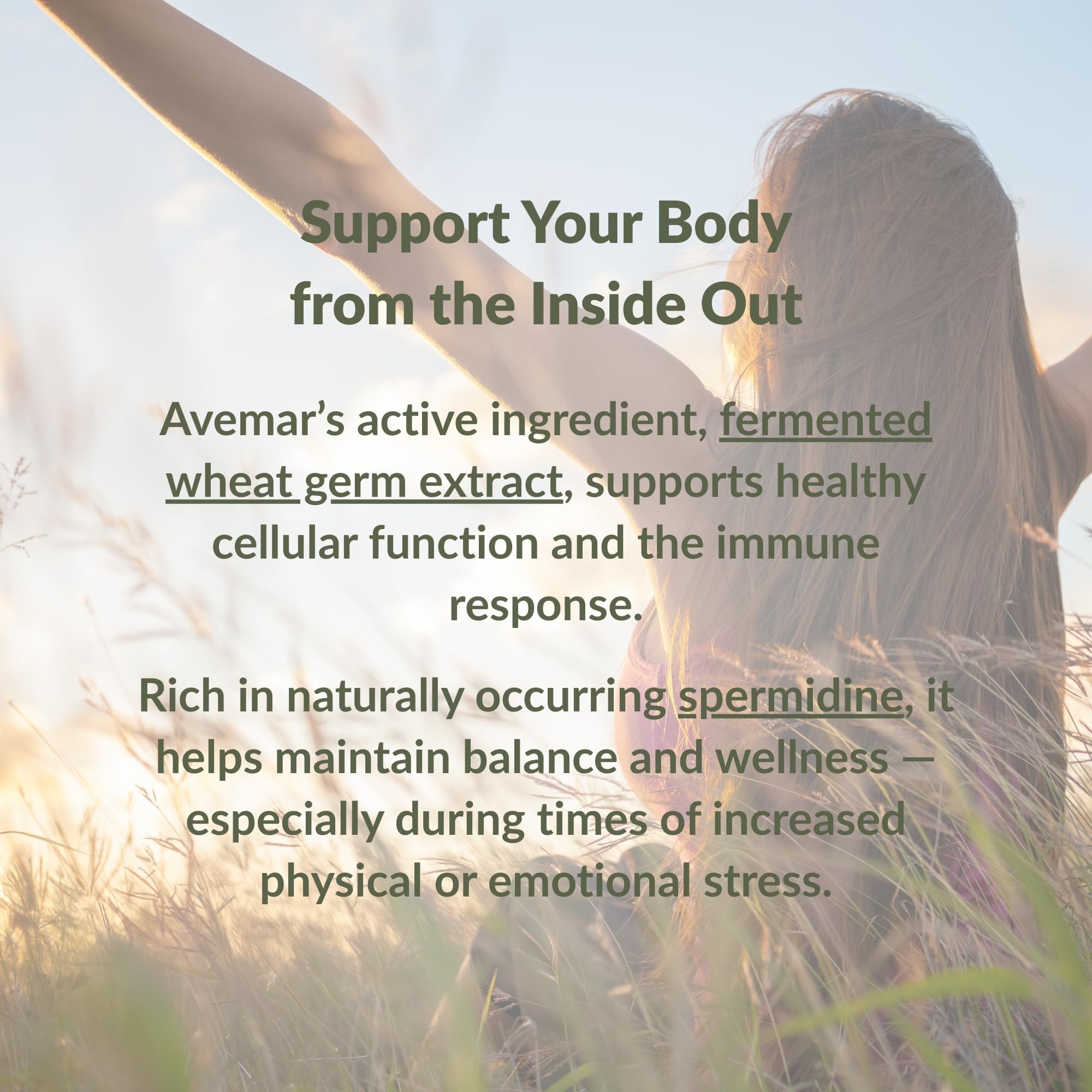 Avemar gluten-free vegetarian formula emphasizes clean, plant-based supplementation.