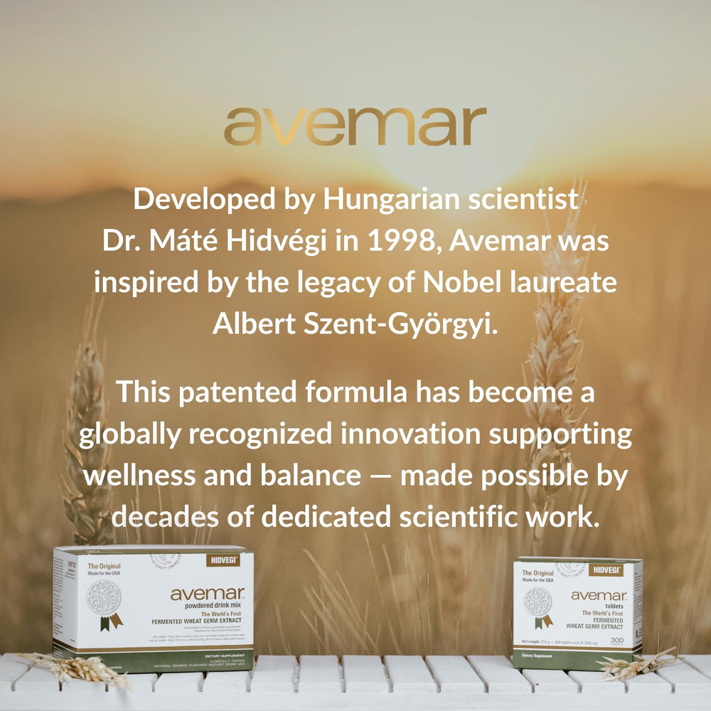 Avemar tablets closeup highlights fermented wheat germ formula and tablet texture.