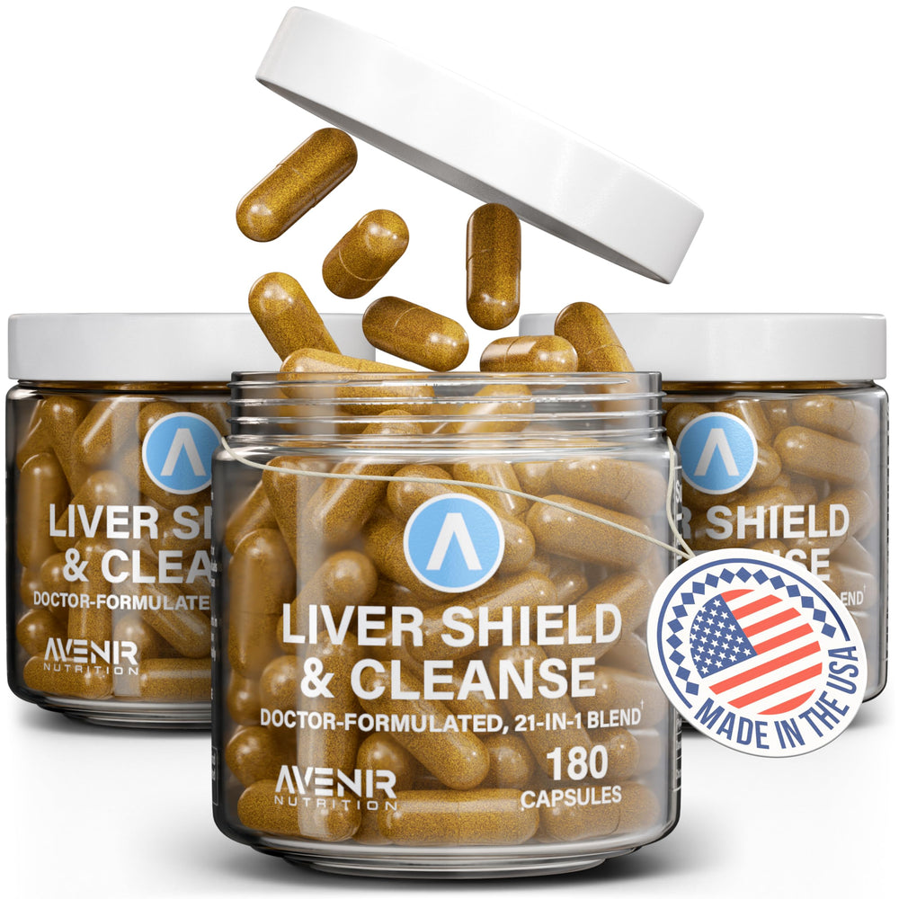 Avenir Nutrition Liver Shield bottle on a kitchen counter supporting daily liver wellness