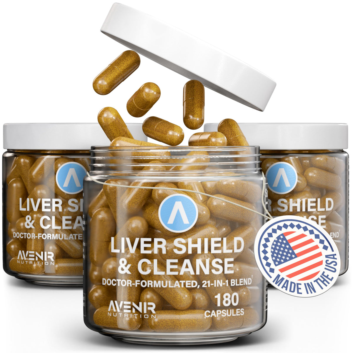 Avenir Nutrition Liver Shield bottle on a kitchen counter supporting daily liver wellness