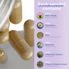 Liver Shield label close-up highlighting the 21-in-1 herbal blend