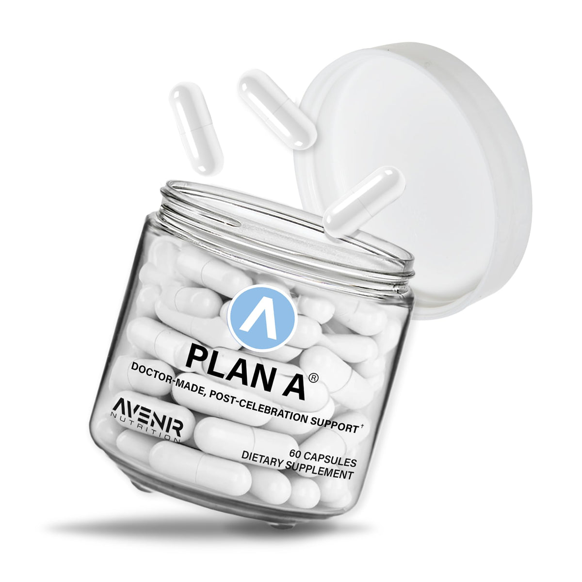 Avenir Nutrition Plan A bottle front with clean label for easy recognition.