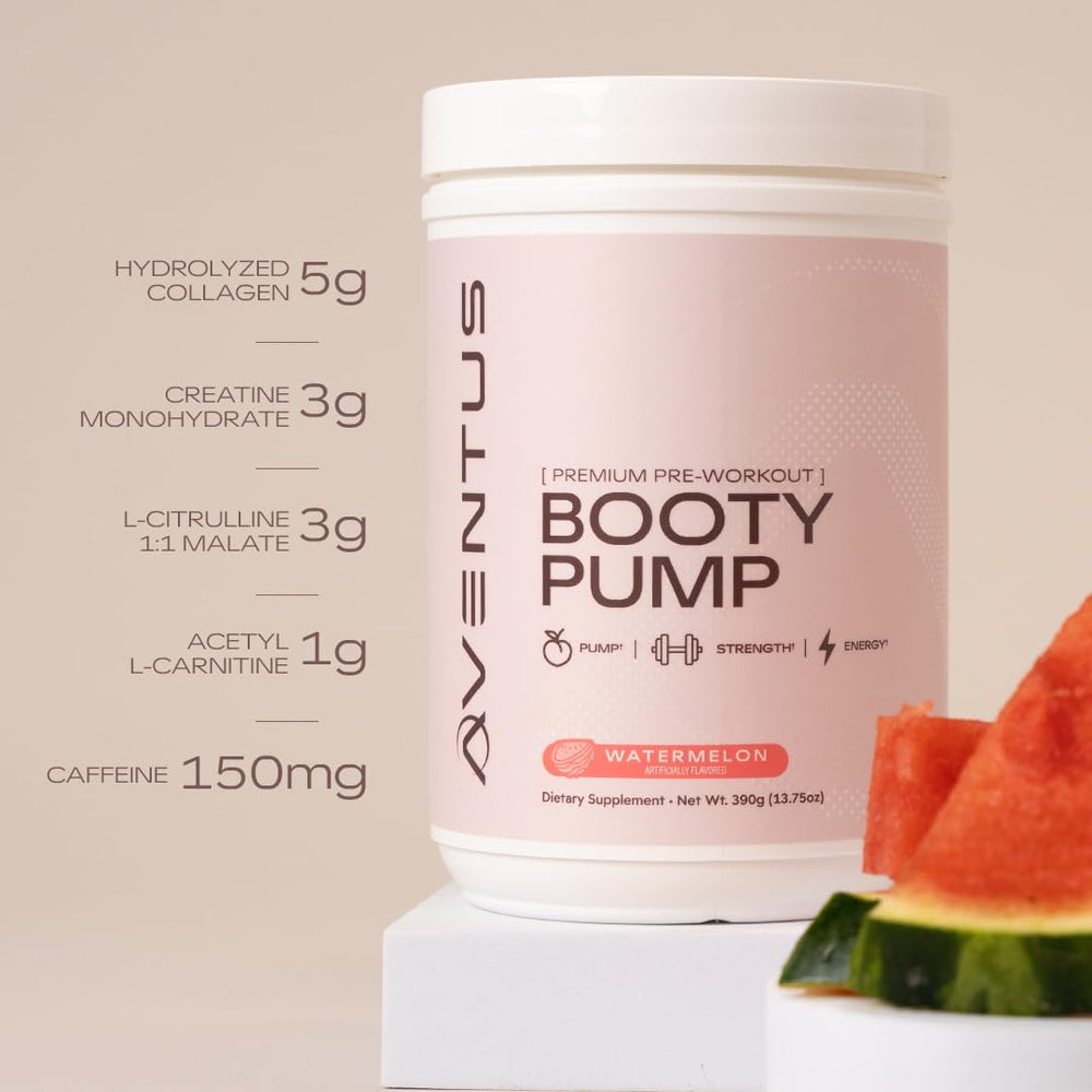 Aventus Booty Pump ingredients label featuring collagen and caffeine details.