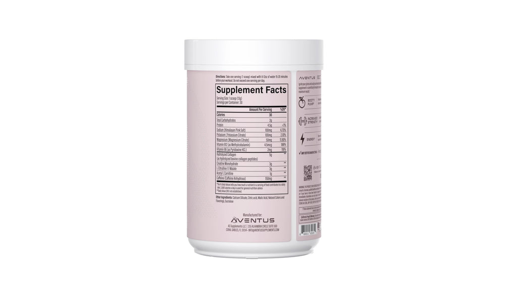 Aventus Booty Pump powder being poured for steady energy before training.